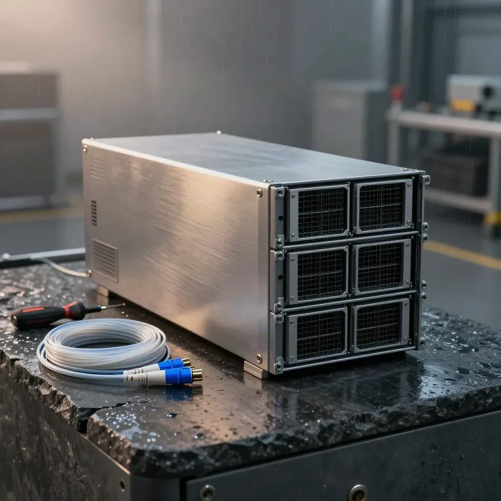 1U server chassis, fibre leads and caddies on rain-darkened stone in a misty bay.