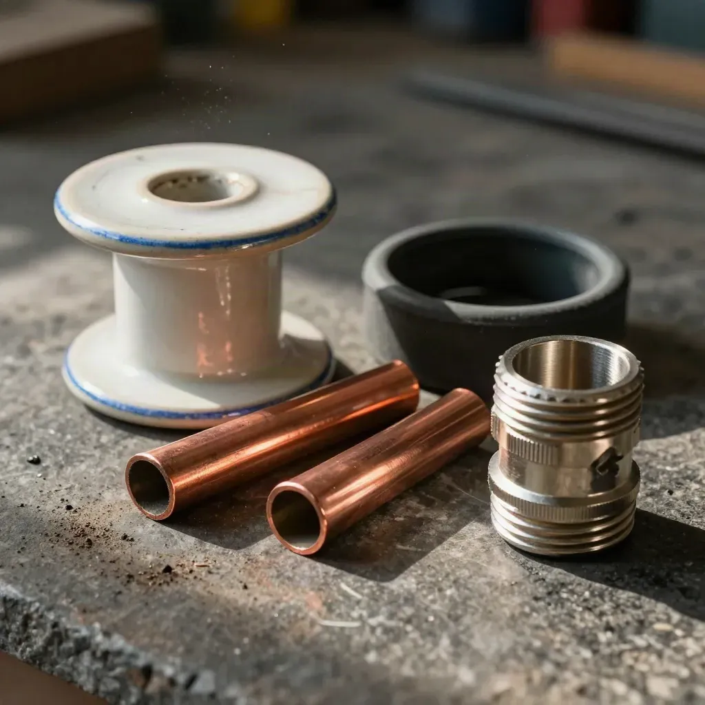 Industrial electrical parts on dark stone in warm workshop light, with copper, ceramic and metal textures.