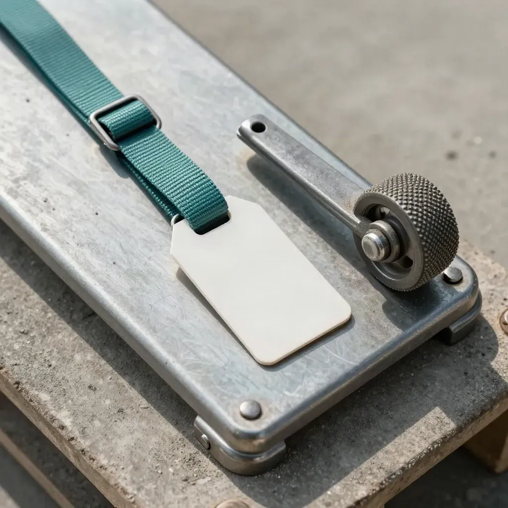 Top-down macro of a steel parcel weight, teal cargo strap, pallet clip and jack wheel on brushed concrete.
