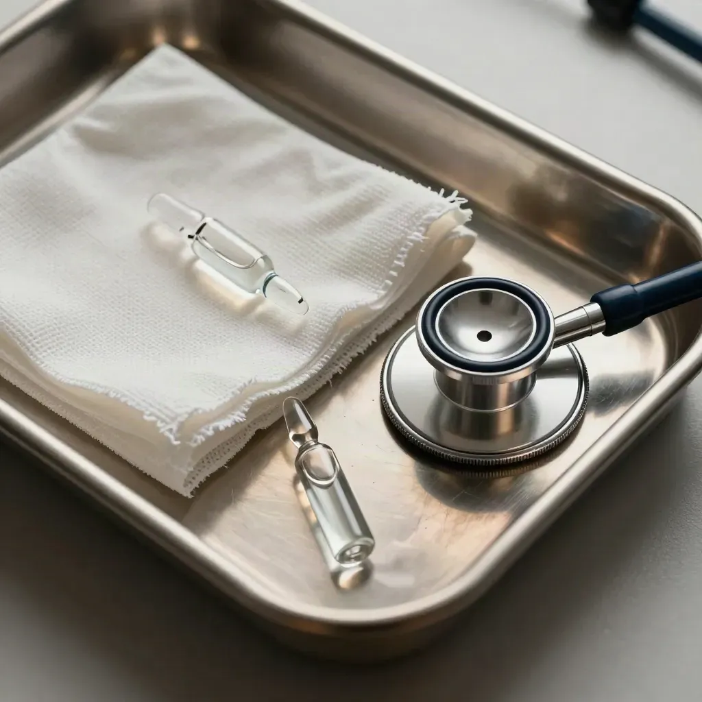 Surgical tray, gauze, ampoules and stethoscope chestpiece on brushed metal, top-down macro