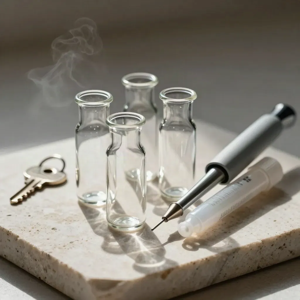 Lab sample vials, a pipette body, and reagent tubes on pale stone in dramatic light.
