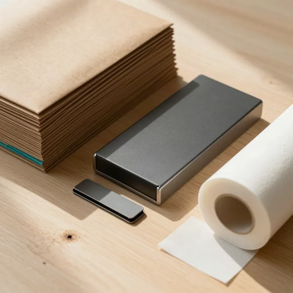 Top-down kraft packaging, scanner cradle, shelf clips and tissue paper on pale wood.