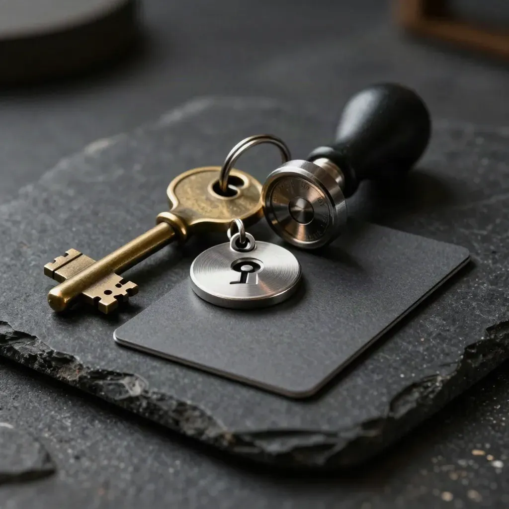 Brass vault key, security token, card sleeve and sealing stamp on black stone under dramatic light.