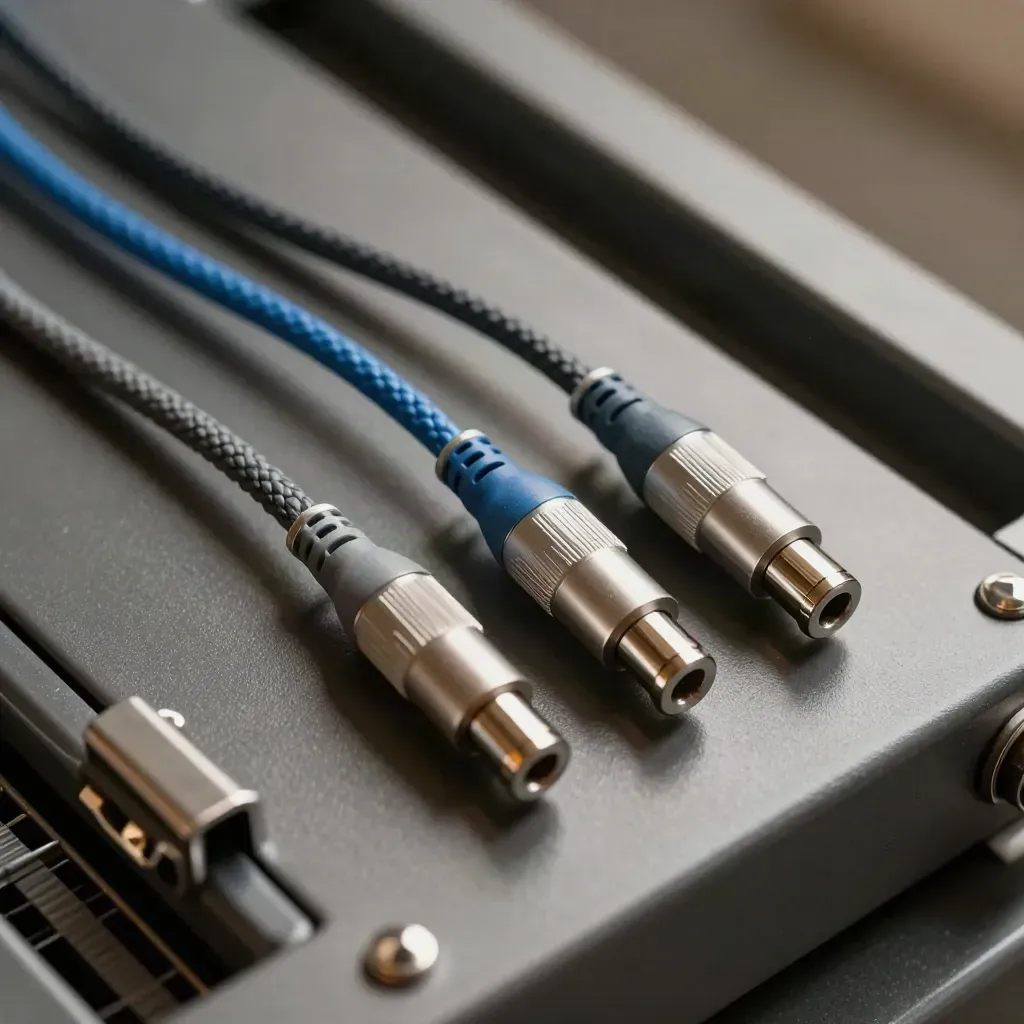 Top-down macro of fibre patch leads, couplers, and a rack latch on a graphite service bench.