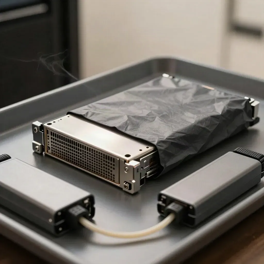 Hot-swap server blade half out of anti-static sleeve with spare caddies and a fibre loop.