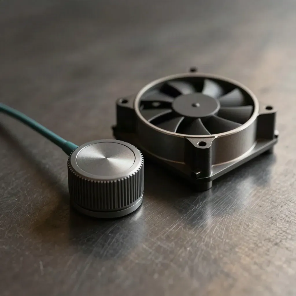 Temperature sensor puck, probe lead and fan cartridge on brushed metal in cool haze.