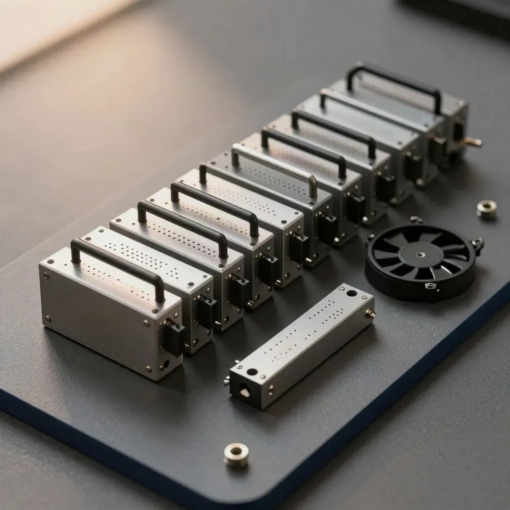 Macro flat lay of rack modules and a spare fan unit on graphite metal.