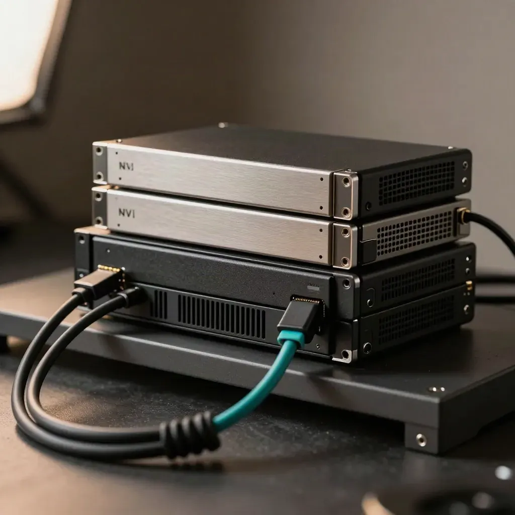 Microserver stack, NVMe enclosure, backup drive and fibre lead on a dark rack shelf, shot through cable coil