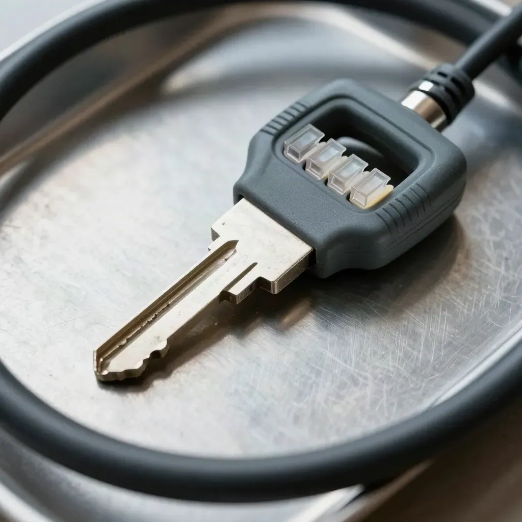 Overhead macro of IT audit tools on brushed steel: rack key, cable tester, clips, marker ring.