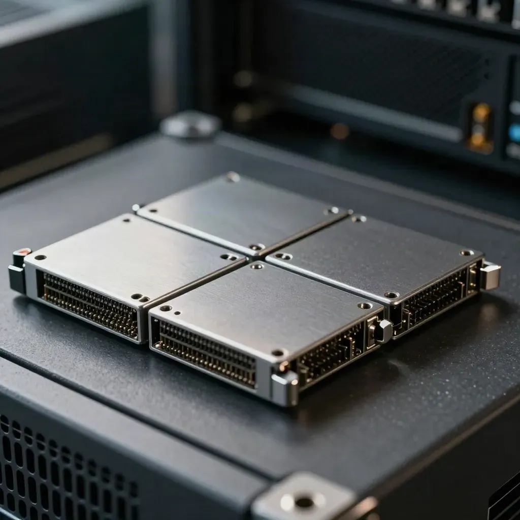 Three server blades with alignment pins and a torque bit on dark stone under dramatic light.