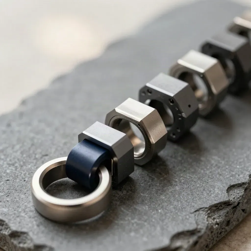 Overhead macro of connector rings, cable clip, and modular blocks on graphite stone.