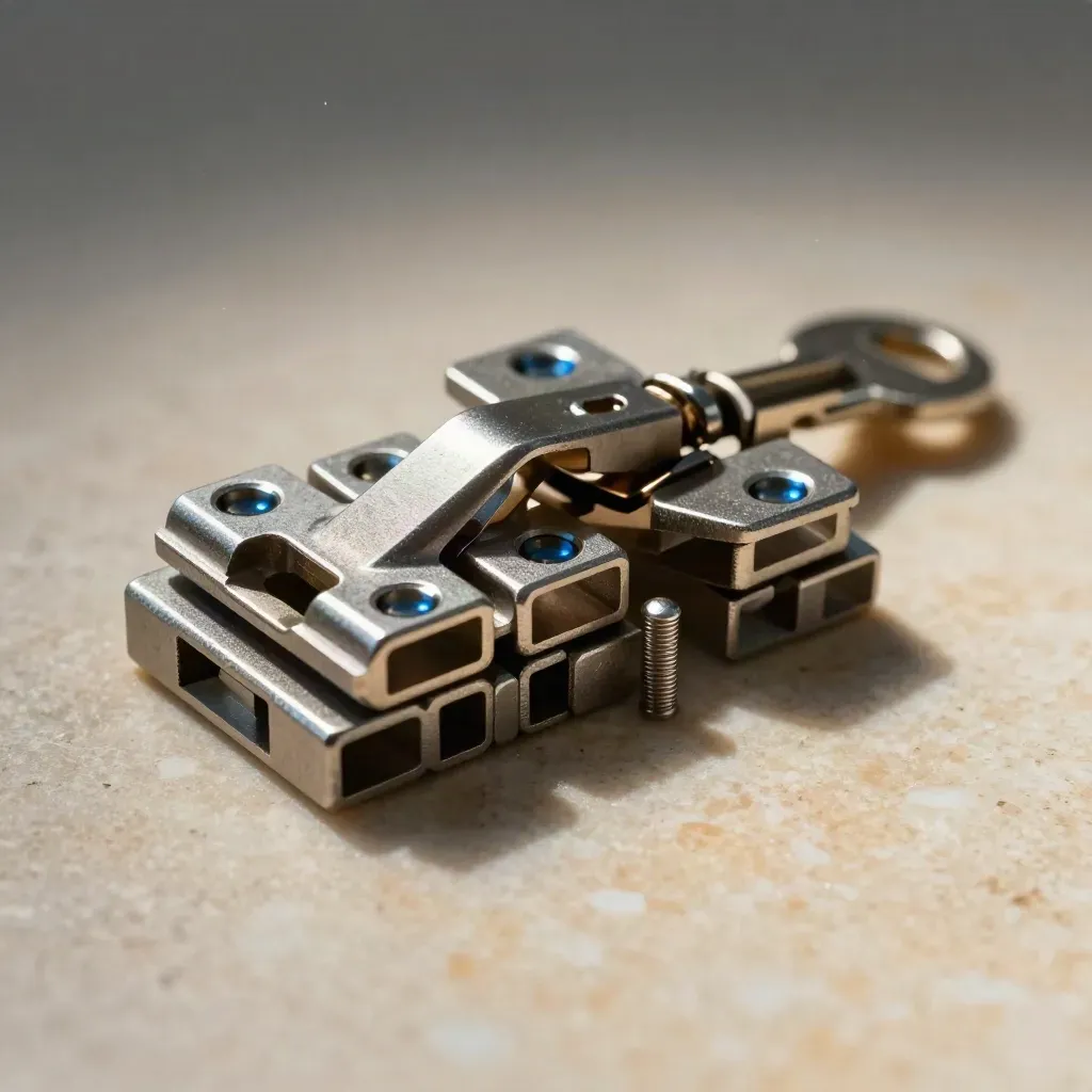 Macro still life of metal hinges, modular blocks and a retaining pin on a limestone surface.