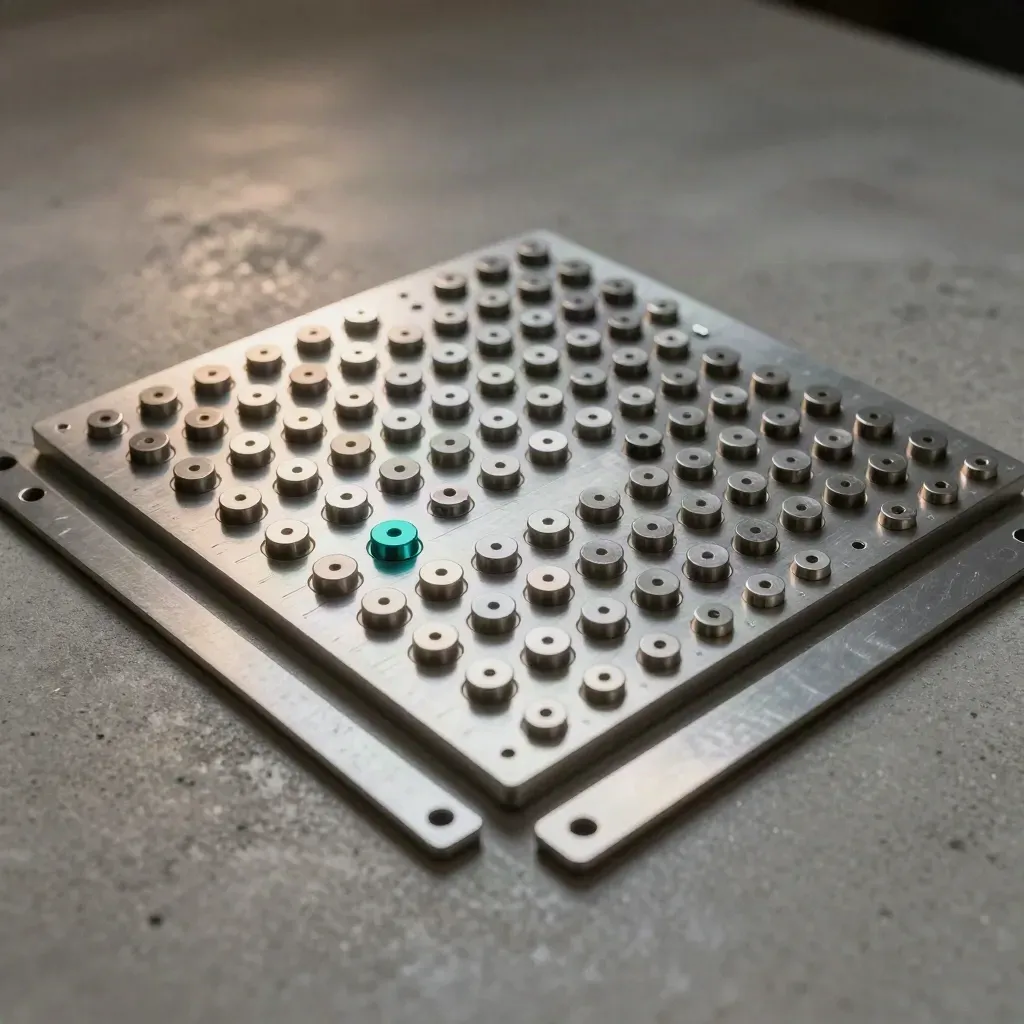 Top-down metal tabs, aluminium plate and alignment bar in a cool industrial still life.