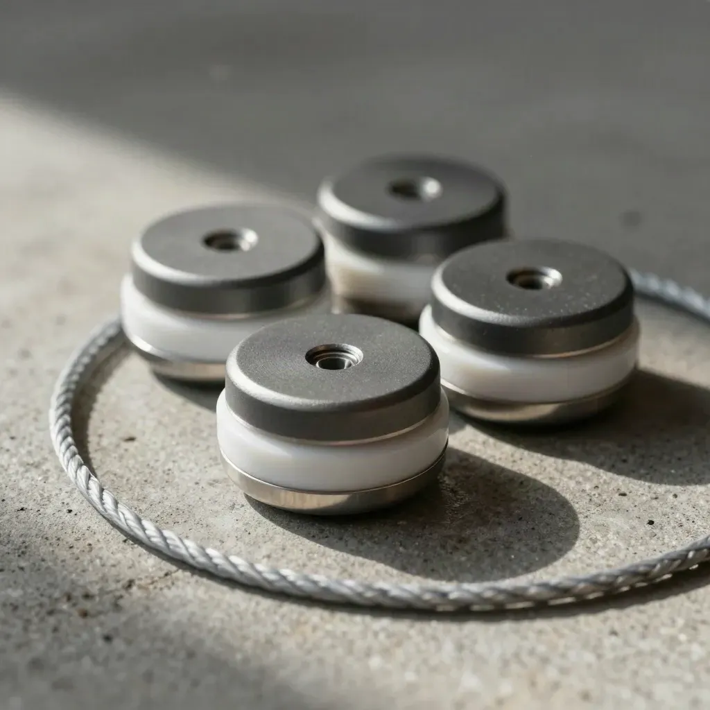 Macro still life of linked sensor pucks, braided probe cable and a polished ring on dark stone.