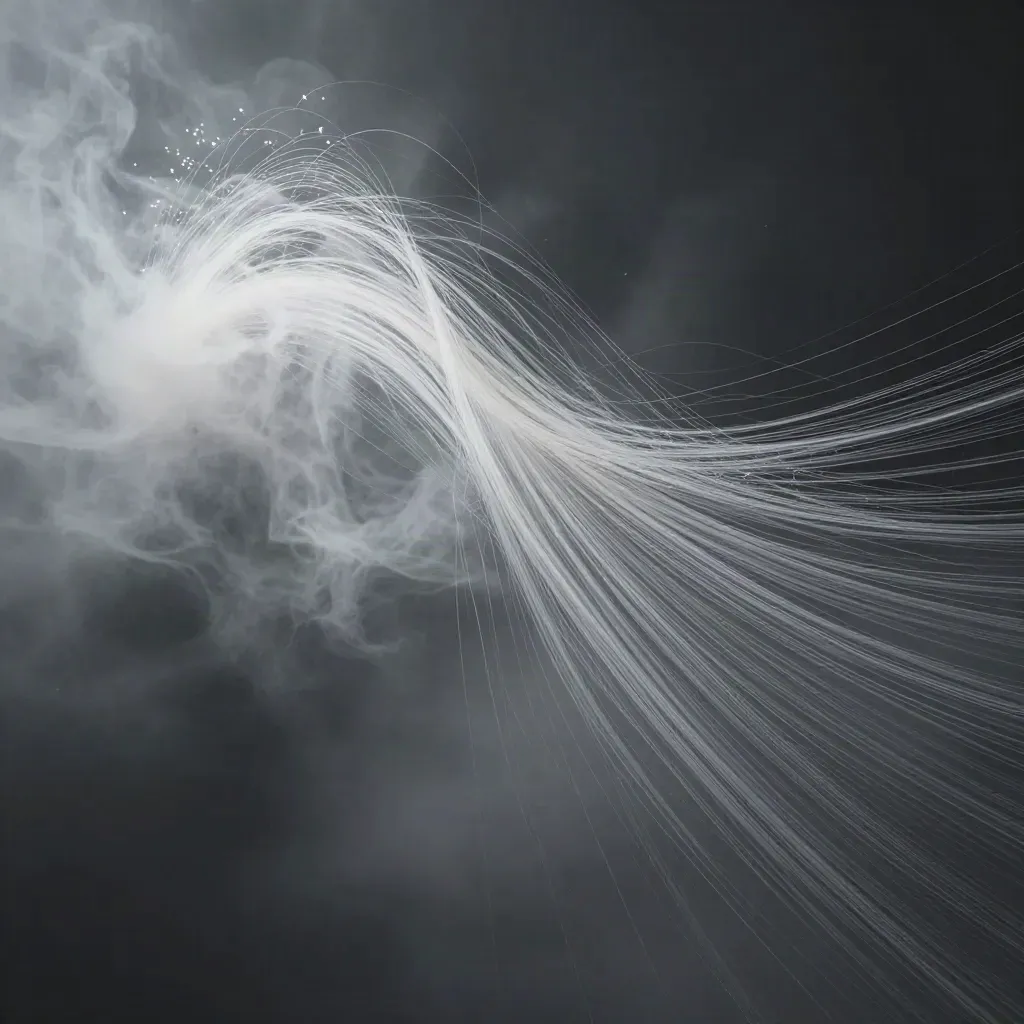 Silver filaments gather into a soft white bloom in dark graphite haze, leaving calm space for copy.